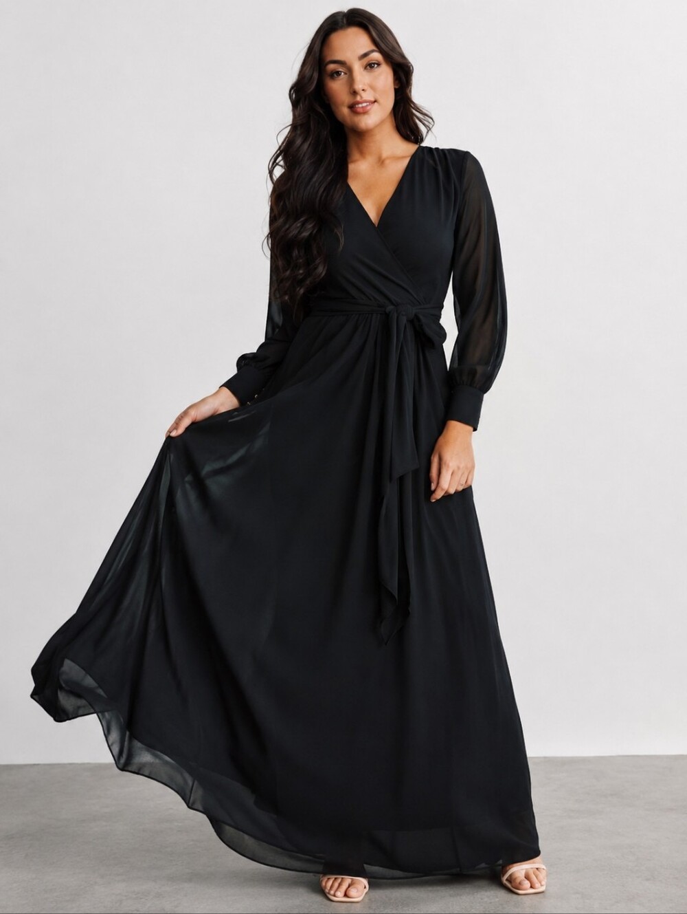 Baltic Born Lydia Black Faux Wrap Maxi Dress Sheer Sleeves NWT XL